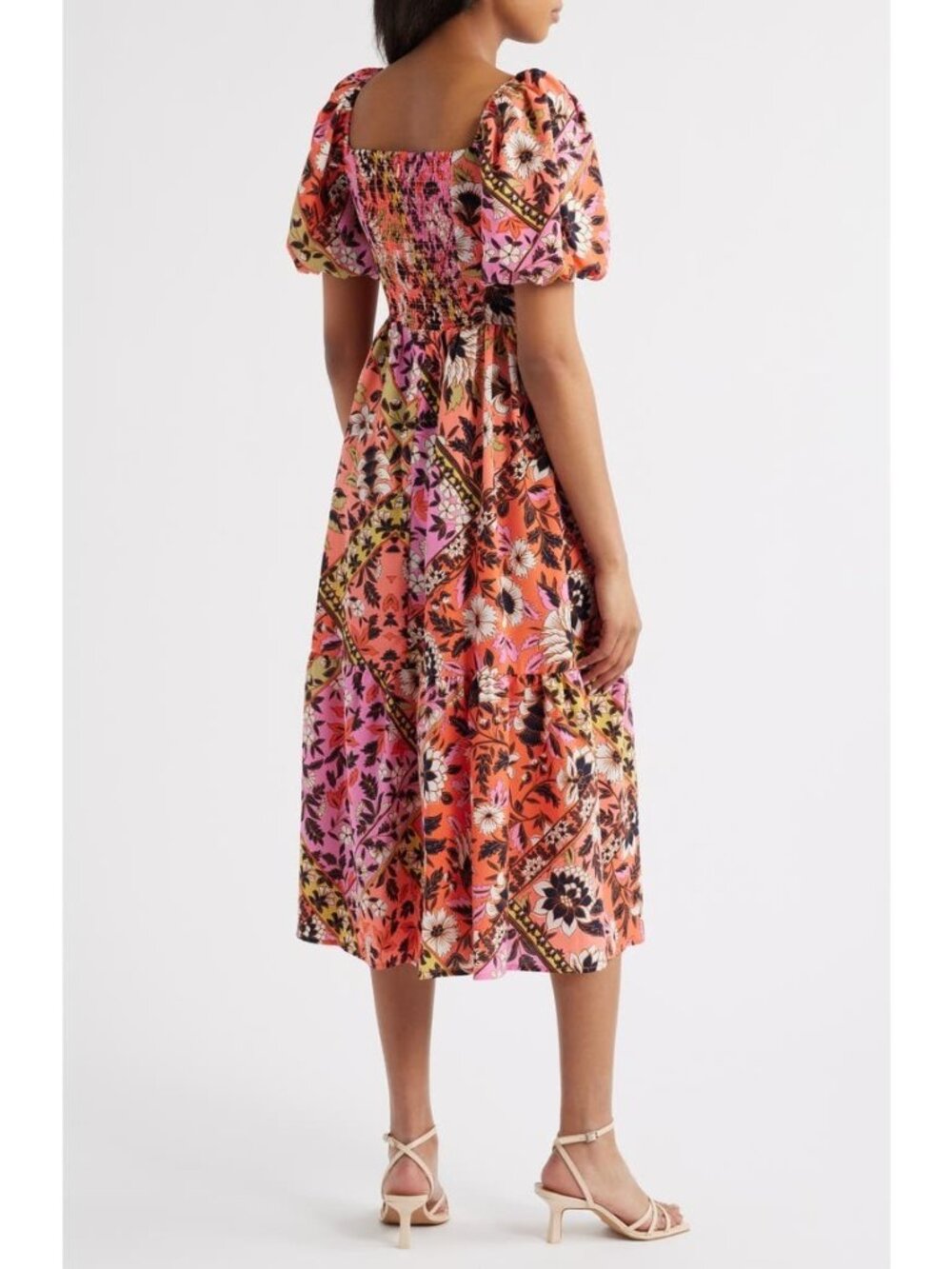 Vince Camuto Print Square Neck Puff Sleeve Maxi Dress Lined Orange size 4 $158 - Picture 3 of 5